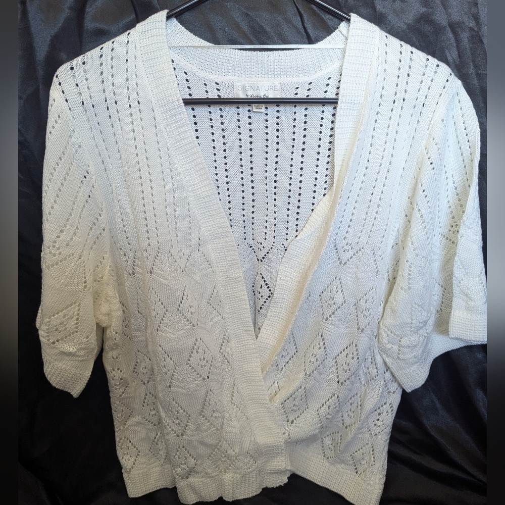 Signature By Robbi Bee White Lose Knit Women's S/S Cardigan Sz 1X